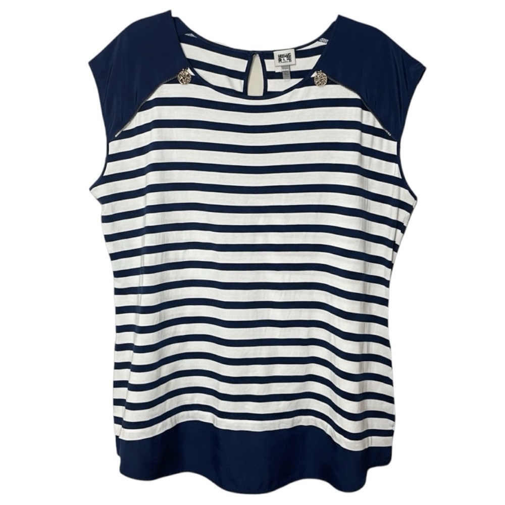 ANNE KLEIN White & Navy Sailor Striped Cap-Sleeve Top, Gold Logo Zipper